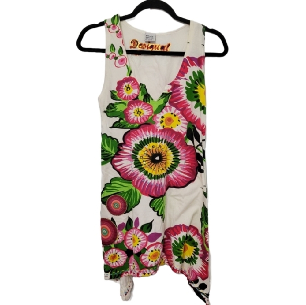 Desigual Womens Floral Asymmetric Tunic Tank Beaded Embroidered Mixed Media XS/S